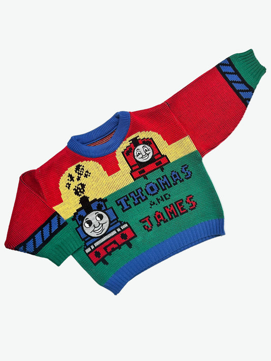 Kids vintage 90's Colourful knit jumper with 'Thomas and Friends' design on from Thomas the tank engine on a white background. Made in UK.